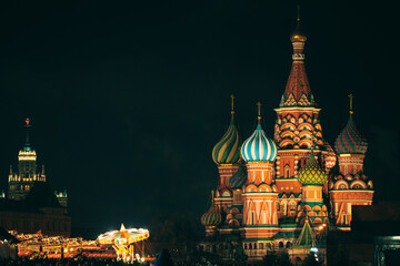 Saint Basil Cathedral in Moscow in night. The Saint Basil's Cathedral tonight.  Saint Basil's Cathedral on celebration in Moscow in Russia at night in winter with snow.