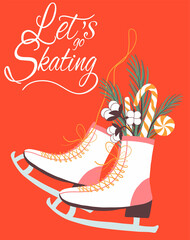 Winter new year card vector hand drawing holiday christmas illustration with skates candy gifts for fabric gift paper print in red green yellow white colors. Vector illustration. Vector illustration