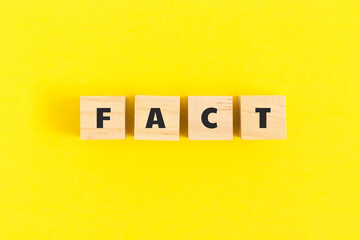 Text FACT on wooden cubes on YELLOW background. Top view, flat lay.
