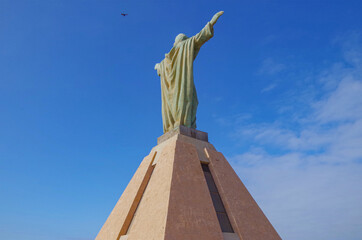 Panoramic landscape scenic view from hilltop viewing point outlook Morro de Arica over downtown and...