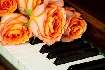 Bouquet of pink roses on the piano keyboard, romantic atmosphere. A gift from fans.