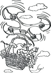 drone flight with a basket of fruits