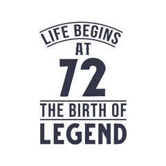 Fototapeta premium 72nd birthday design, Life begins at 72 the birthday of legend