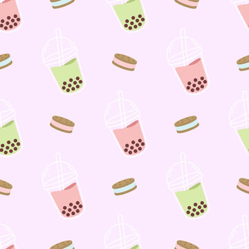 Cute Boba Drink And Biscuits Cookies Seamless Pattern