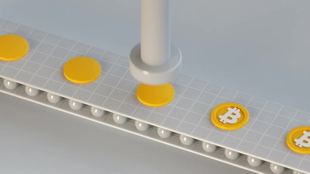Coining Bitcoins. Cryptocurrency mining metaphor. Seamless loop 3D render animation