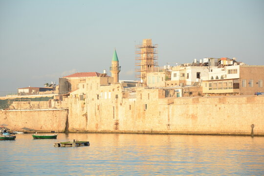 Acre city fortress and harbor. Unesco heritage. Early morning, the fortification of the old city Akko, Israel