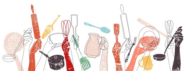 Pattern with Different Kitchen Utensils. Cooking Background. Vector illustration. - obrazy, fototapety, plakaty