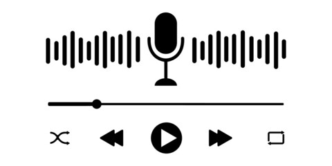 Podcast player interface with microphone, sound wave, loading progress bar and buttons. Simple audio player panel template for mobile app. Vector graphic illustration.
