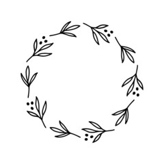 Hand-drawn wreath with dots. Black plant doodle wreath for Christmas decoration.