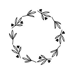 Hand-drawn wreath with hearts. Black plant doodle wreath.