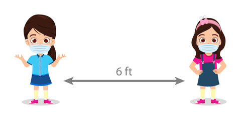 Cute beautiful kid girls character wearing beautiful outfit and facial mask standing with social 6ft distance