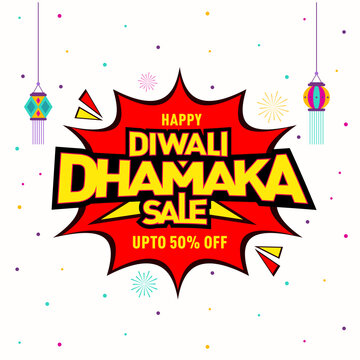 Diwali Dhamaka Sale Offer Diwali Template, Banner, Logo Design, diwali lamp, Poster, Unit, Label, Web Header, Vector, illustration, Tag, Diwali Celebration background, Sign, Symbol, 50% Off