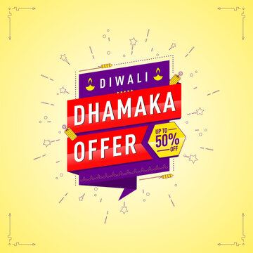 Diwali Dhamaka sale Offer, Template, Banner, Logo Design, Icon, Poster, Unit, Label, Web Header, Vector, illustration, Tag, Diwali Celebration background, Sign, Symbol, 50%off, Diwali modern logo.