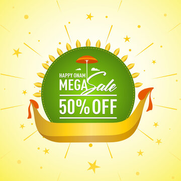 Happy Onam Mega Sale offer Premium Logo, Symbol, Sign, banner, Poster, Tag, Sticker, Floral design, boat race, Vector, icon, Illustration, Umbrella, South Indian Festival celebration Background.