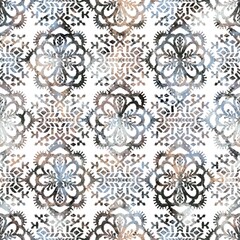 Seamless neutral tan and white distressed grungy motif surface pattern design for print. High quality illustration. Textured textile repeat print swatch. Aged gray dirty elegant abstract illustration.