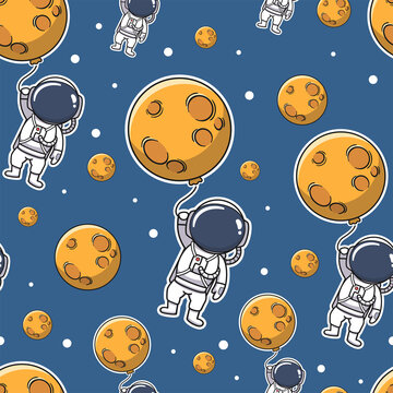 Cute Astronaut Holding Moon Balloon In The Space Seamless Pattern