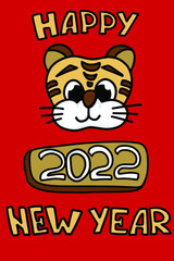 Vector Christmas card on red background. Tiger is The symbol of Chinese New Year