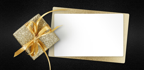 Black Friday gift card with golden glittering package and blank white ticket isolated on black...