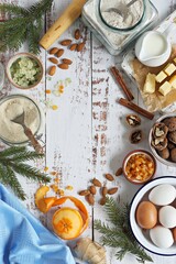 Concept homemade Christmas baking with traditional  food ingredients. Selective focus