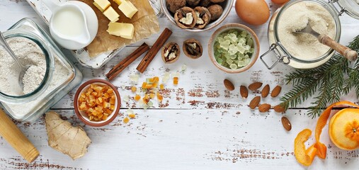 Concept homemade Christmas baking with traditional  food ingredients. Selective focus