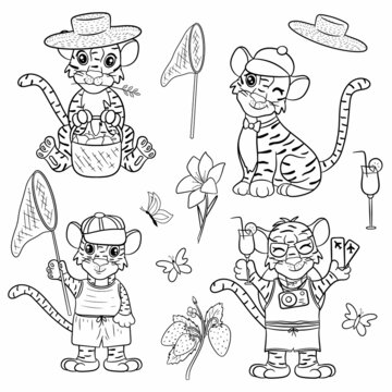 Tiger. Big set for coloring. Black and white illustration for a coloring book. The symbol of the new year according to the Chinese calendar. Vector cartoon style