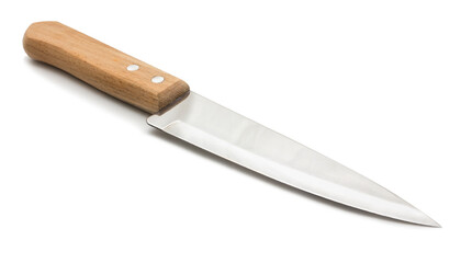 Everyday tool in kitchen. Sharp knife with wooden handle on white background