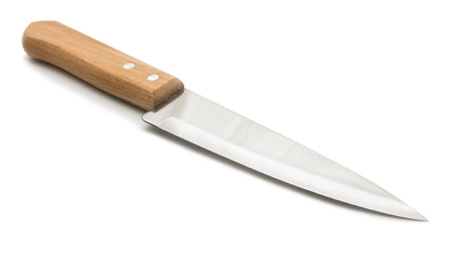 Everyday Tool In Kitchen. Sharp Knife With Wooden Handle On White Background