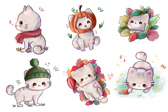 Kawaii Autumn Kittens Clipart