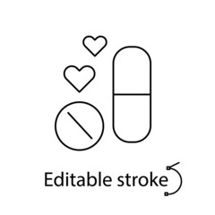 Pills for potency and pheromones outline icon. Sex shop pharmacology. Editable stroke. Isolated vector illustration
