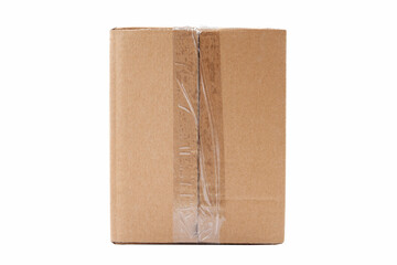 One single simple clear taped rectangle brown carton box parcel, blank closed package isolated on white background cut out, nobody. Product shipping, delivery equipment, post, mail service container