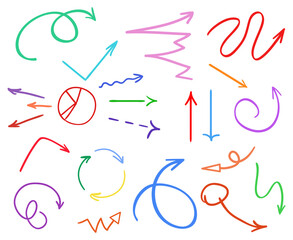 Infographic elements. Abstract colored arrows and indicators. Set of pointing signs on isolated background. Hand drawn simple symbols for design. Line art