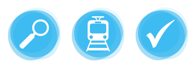 Icons auf hellblauen Buttons: Suche nach Fahrplan, Straßenbahn oder Zug