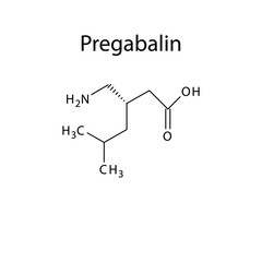 Pregabalin molecular structure, flat skeletal chemical formula. Anti convulsant drug used to treat Epilepsy, seizure, pain. 