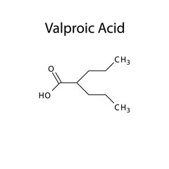 Valproic Acid molecular structure, flat skeletal chemical formula. Anti convulsant drug used to treat Epilepsy, seizure. 
