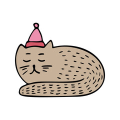 Vector adorable cat with Christmas hat in doodle style. Color illustration