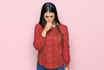 Young hispanic woman wearing casual clothes feeling unwell and coughing as symptom for cold or bronchitis. health care concept.