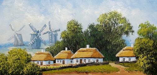 Oil paintings rural landcape, old house in the countryside. Fine art - obrazy, fototapety, plakaty