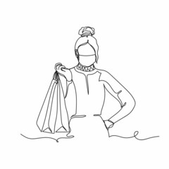 Vector continuous one single line drawing icon of covid pandemic and black friday shopping concept woman girl in medical mask in silhouette on a white background. Linear stylized.