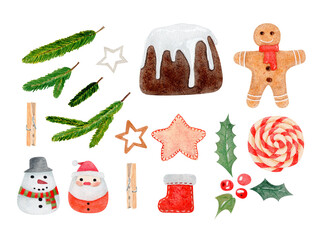 Watercolor Christmas illustration in calm colors. Hand drawn