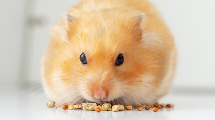 hamster eats grains on a white background