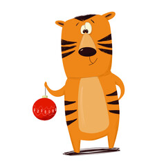 Tiger with christmas ball on white background. Vector illustration