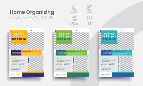 Elegant home organizing flyer print templates modern marketing layout design. Colorful brochure cover, annual report, poster for perfect promotion.
