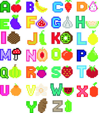English alphabet Fruits and Vegetables Chart with pictures for children education. Pixel art. vector Illustration.