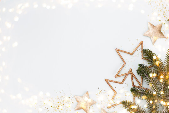 Christmas decor background. Flat lay, top view.