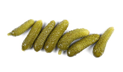 Pickled gherkin pile, pickles isolated on white background, top view