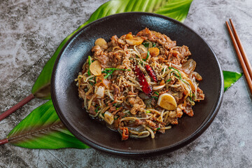 Korean food beef marinated bean sprouts stir-fry dish