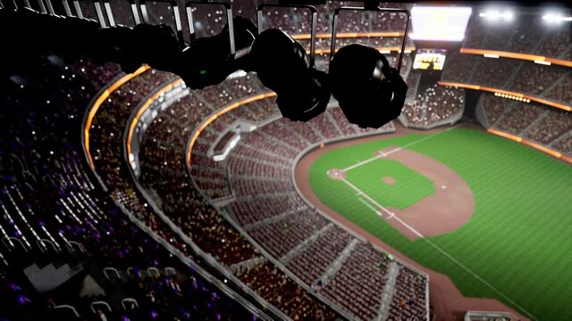 Empty night baseball and cricket arena with fans in fog and illuminated by spotlights 3d render. High quality 4k footage