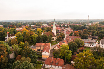Latvia, Latvija, Kuldiga, Kuldīga - Autumn city skyline. Overcast day.