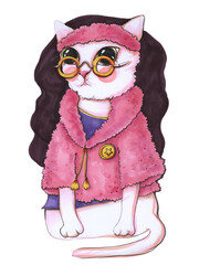 sketch with markers cartoon children's style funny character white cat in warm pink clothes and glasses sitting close-up