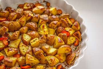 Roasted potatoes in the oven with spices and herbs close-up, food background life style, homemade potatoes recipe authentic, vegan cuisine